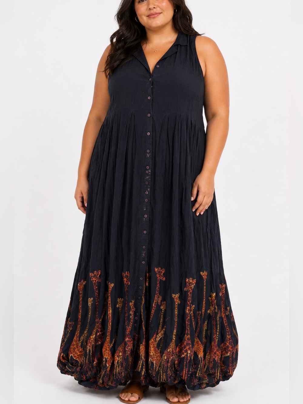 Phool Black Giraffe Print Button Front Maxi Dress Sleeveless Rayon Size 3x Women